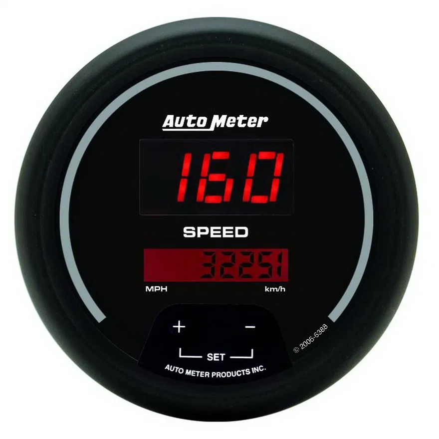 GAUGE; SPEEDO; 3 3/8in.; 260MPH/260KM/H; ELEC PROGRAM; DIGITAL; BLACK W/RED LED