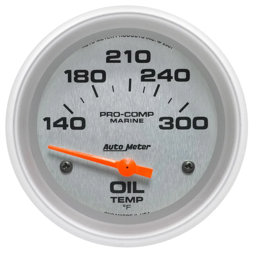 GAUGE; OIL TEMP; 2 5/8in.; 140-300deg.F; ELECTRIC; MARINE SILVER