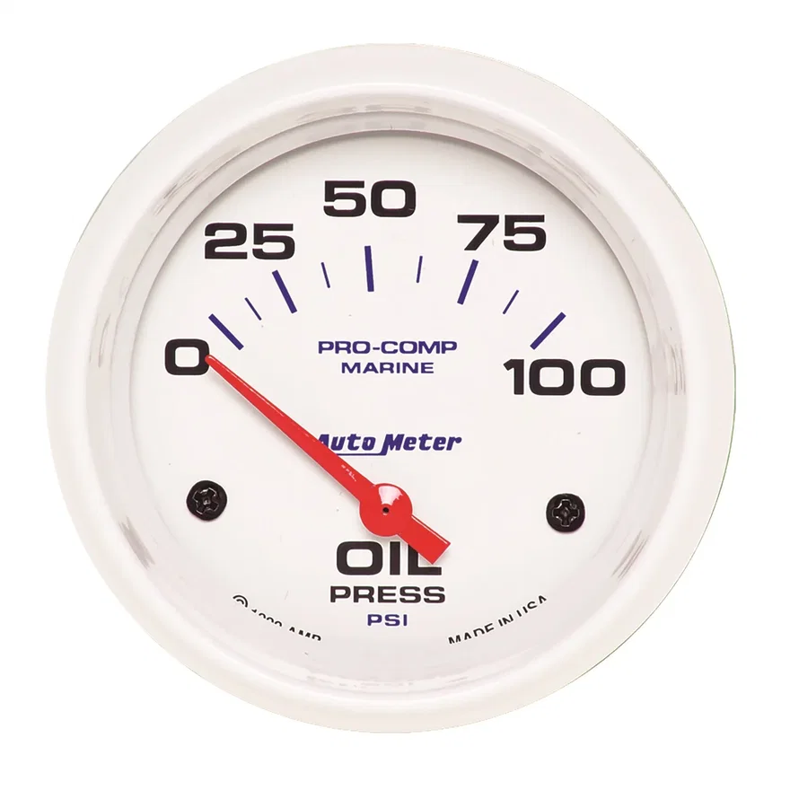 GAUGE; OIL PRESSURE; 2 5/8in.; 100PSI; ELECTRIC; MARINE WHITE