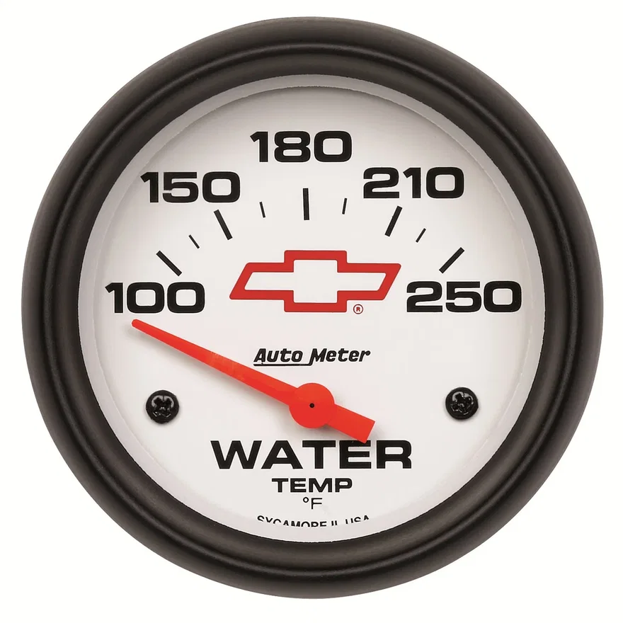 GAUGE; WATER TEMP; 2 5/8in.; 100-250deg.F; ELECTRIC; CHEVY RED BOWTIE; WHITE