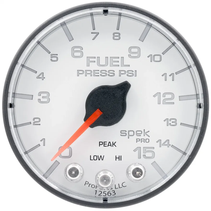 GAUGE; FUEL PRESS; 2 1/16in.; 15PSI; STEPPER MOTOR W/PEAK/WARN; WHT/BLK; SPEK