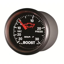 GAUGE; VAC/BOOST; 2 1/16in.; 30INHG-30PSI; MECHANICAL; CHEVY RED BOWTIE; BLACK image 2