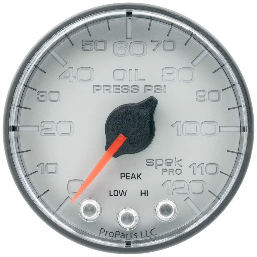 GAUGE; OIL PRESS; 2 1/16in.; 120PSI; STEPPER MOTOR W/PEAK/WARN; SLVR/BLK; SPEK