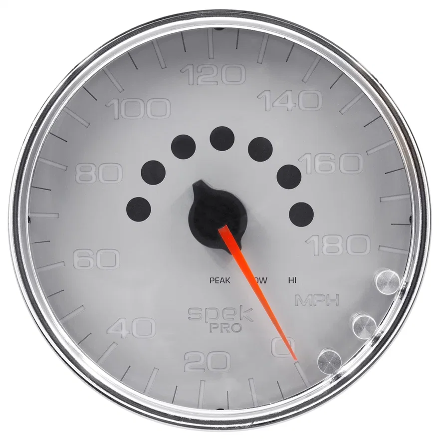 GAUGE; SPEEDOMETER; 5in.; 180 MPH; ELEC. PROGRAMMABLE; SILVER/CHROME; SPEK-PRO