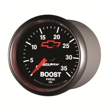 GAUGE; BOOST; 2 1/16in.; 35PSI; MECHANICAL; CHEVY RED BOWTIE; BLACK image 2