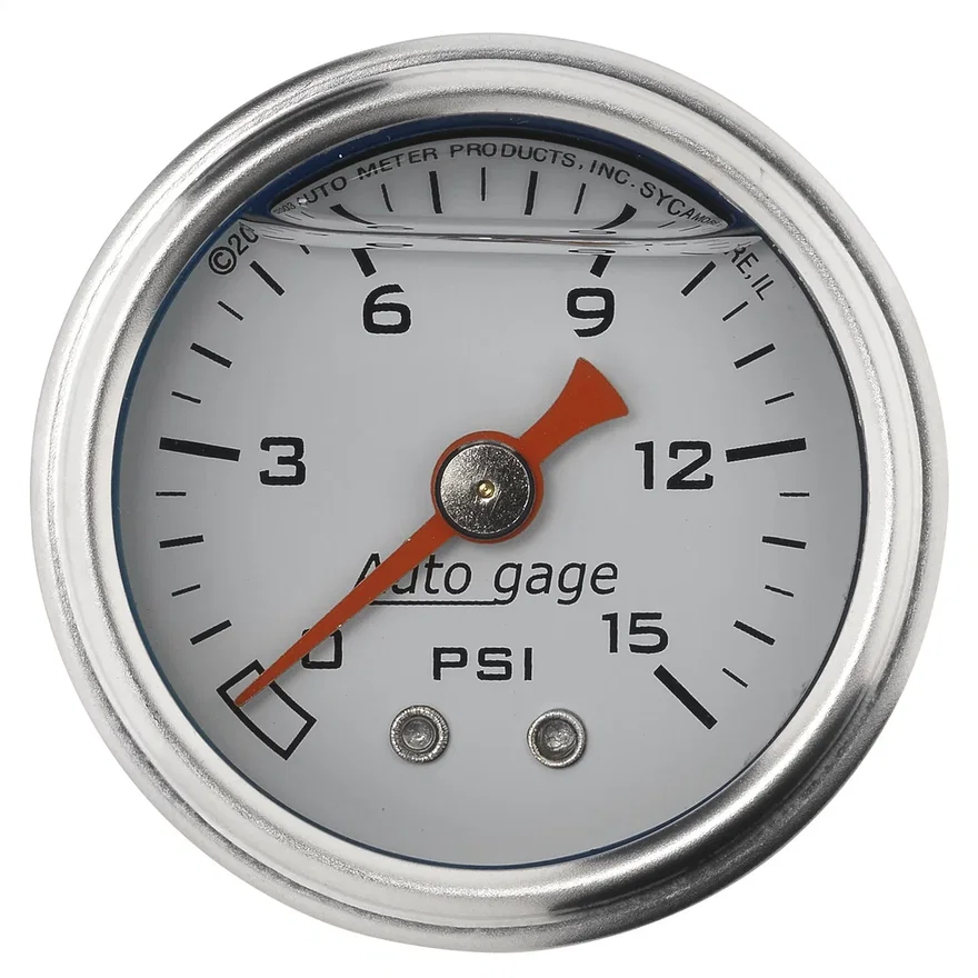 GAUGE; PRESSURE; 1.5in. DIRECT MNT; 15PSI; LIQUID FILLED MECH; WHT; 1/8in. NPTF