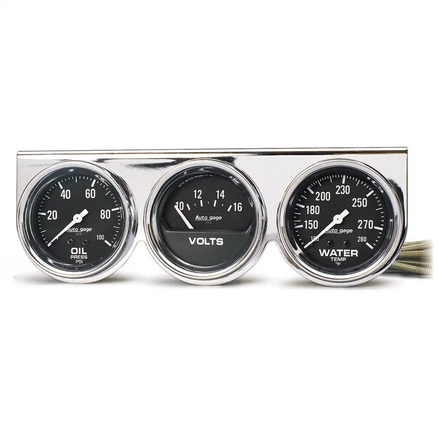 GAUGE CONSOLE; OILP/WTMP/VOLT; 2 5/8in.; 100PSI/280deg.F/16V; BLK DIAL; CHRME BZ