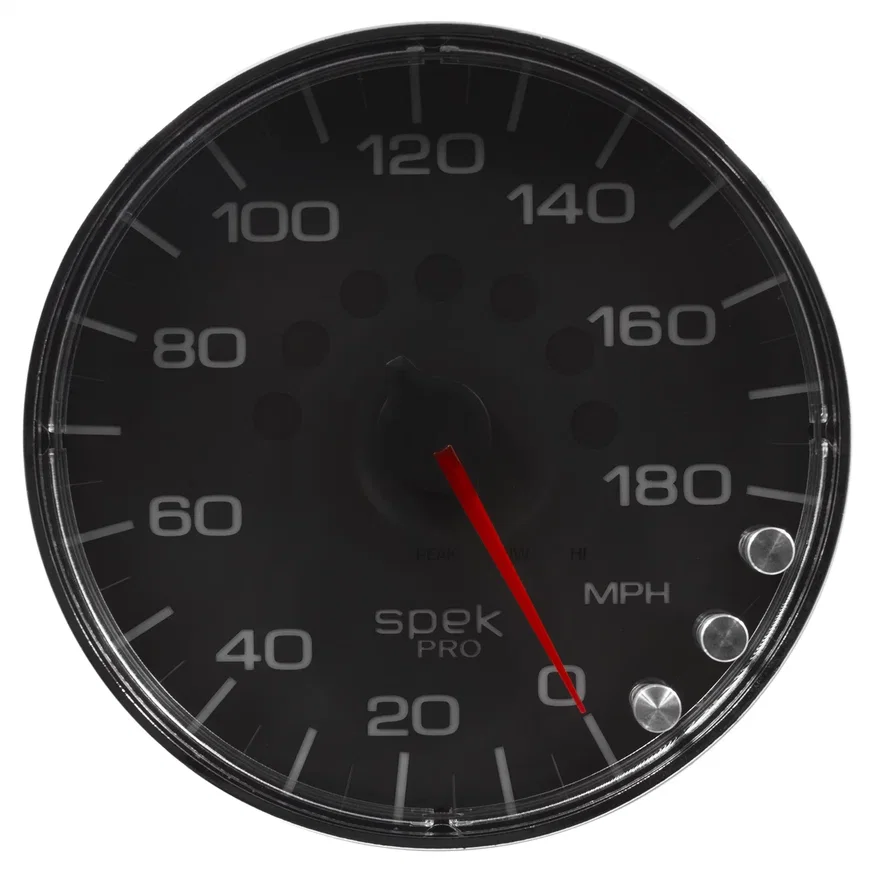 GAUGE; SPEEDOMETER; 5in.; 180 MPH; ELEC. PROGRAMMABLE; BLACK/CHROME; SPEK-PRO