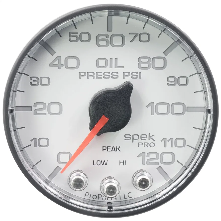 GAUGE; OIL PRESS; 2 1/16in.; 120PSI; STEPPER MOTOR W/PEAK/WARN; WHT/BLK; SPEK