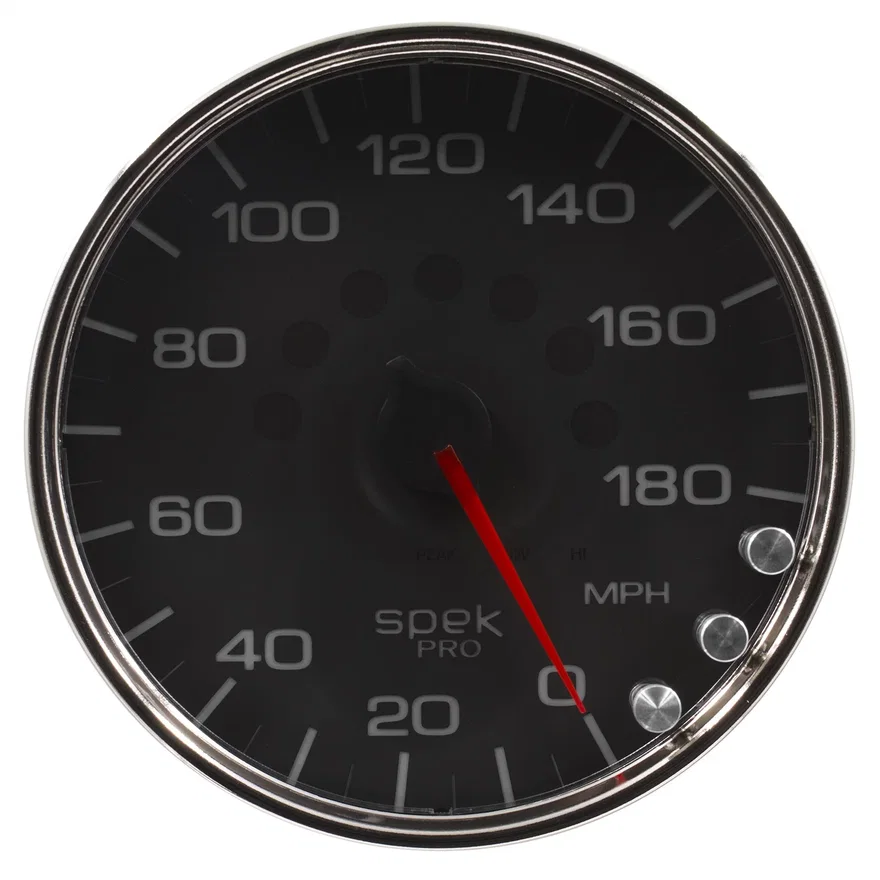 GAUGE; SPEEDOMETER; 5in.; 180 MPH; ELEC. PROGRAMMABLE; BLACK/CHROME; SPEK-PRO