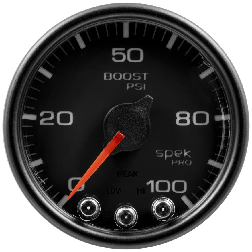 GAUGE; BOOST; 2 1/16in.; 100PSI; STEPPER MOTOR W/PEAK/WARN; BLK/BLK; SPEK-PRO