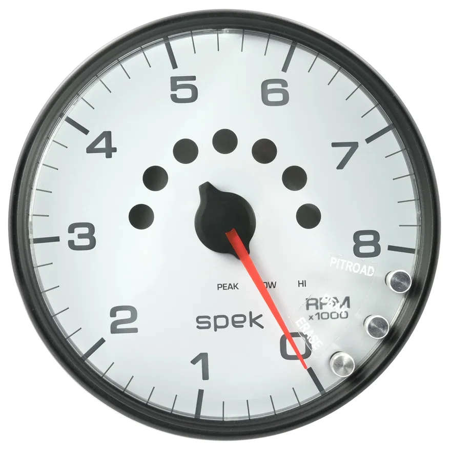 GAUGE; TACHOMETER; 5in.; 8K RPM; W/SHIFT LIGHT/PEAK MEM; WHITE/BLACK; SPEK-PRO