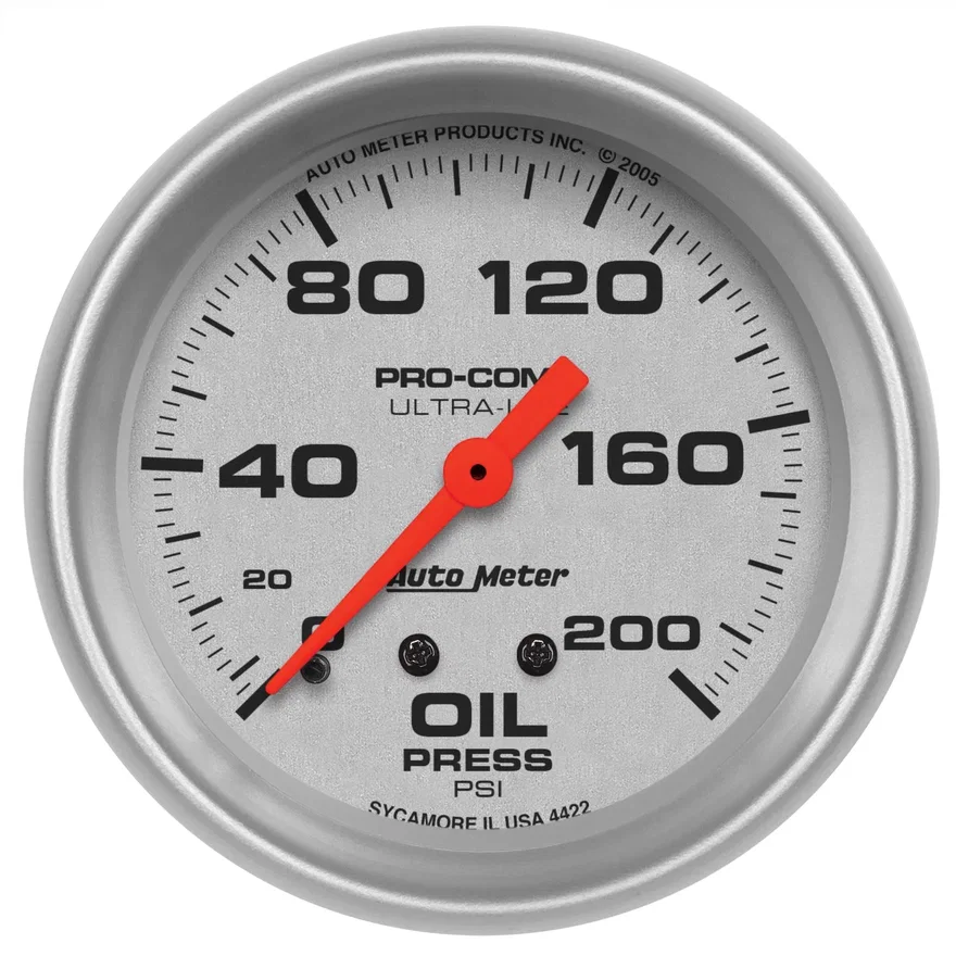 GAUGE; OIL PRESSURE; 2 5/8in.; 200PSI; MECHANICAL; ULTRA-LITE