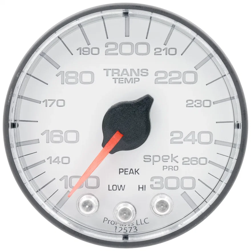 GAUGE; TRANS TEMP; 2 1/16in.; 300deg.F; STEPPER MOTOR W/PK/WRN; WHT/BLK; SPEK-PR