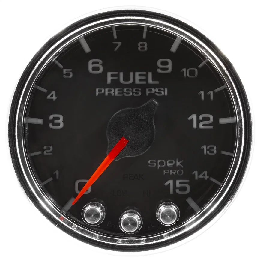 GAUGE; FUEL PRESS; 2 1/16in.; 15PSI; STEPPER MOTOR W/PEAK/WARN; BLK/CHRM; SPEK