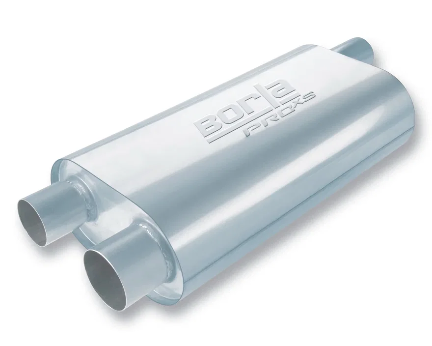Specialty Muffler Transverse Flow 2.5 in. Single Inlet/ 2.5 in. Dual Outlet 5.5 in. x 10.25 in. Oval x 19 in. Long Body