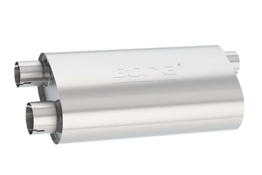 Specialty Muffler Transverse Flow 2.5 in. Single Inlet/ 2.5 in. Dual Outlet 6 in. x 10.25 in. Oval x 19 in. Long Body NotchedNecks