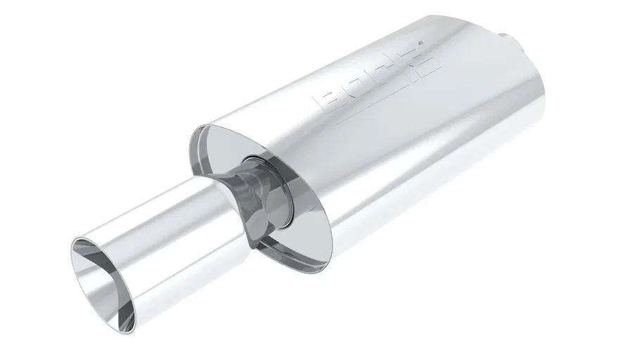 Boomers Muffler Blow Torch 2.25in Center Inlet/ 4in Single Round Tip 5.5in x 8.5in Oval x 14in Long Body
