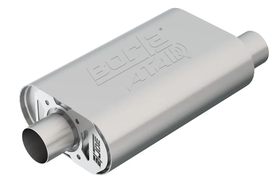 CrateMuffler Muffler Chevrolet Small Block 350/ 383/ 406 CID V8 High Output 2.5 in. Offset Inlet/ 2.5 in. Center Outlet ATAK
