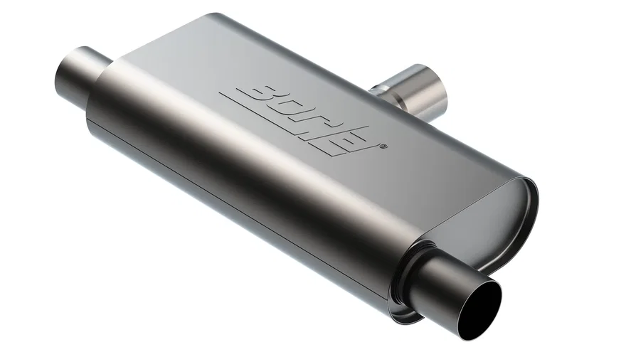 Specialty Muffler - T-Flow Design - Single 2.5 in. Inlet - Dual 2.5 in. Outlet 4.25 in. x 9.10 in. Oval x 18 in. Long Body