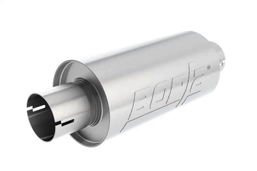 Specialty Muffler inS-Typein 2.5in Center Inlet/ 2.5in Center Outlet 5in Round x 10in Long Body Notched Necks
