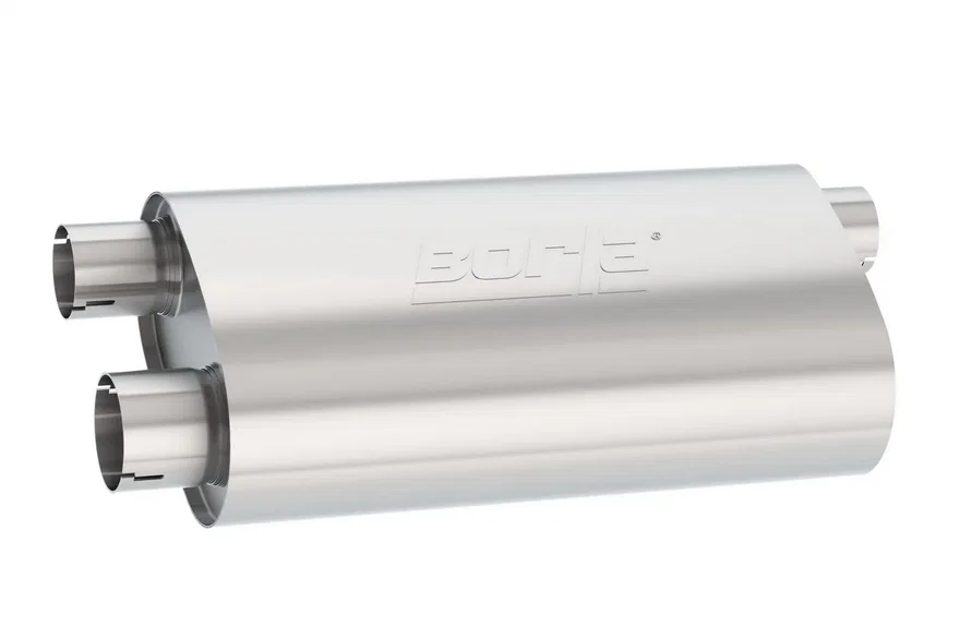 Specialty Muffler Transverse Flow 3 in. Inlet/ 2.5 in. Dual Outlet 6 in. x 10.25 in. Oval x 19 in. Long Body Notched Necks