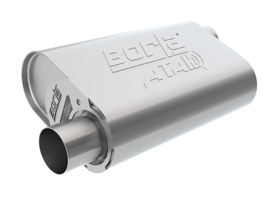 CrateMuffler Muffler Chevrolet Small Block 283/ 327/ 350 CID V8 Stock Output 2.5 in. Offset Inlet/ 2.5 in. Offset Outlet ATAK