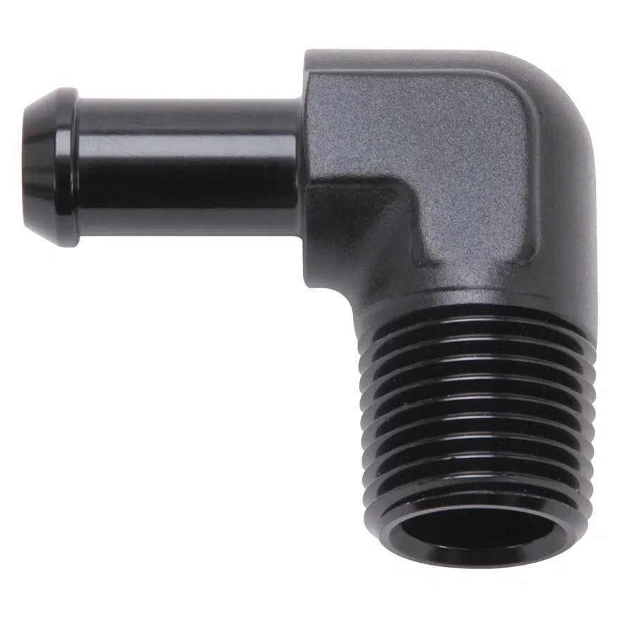 Heater Hose End Fitting - 90Â° with 1/2" NPT and 3/8" Barb
