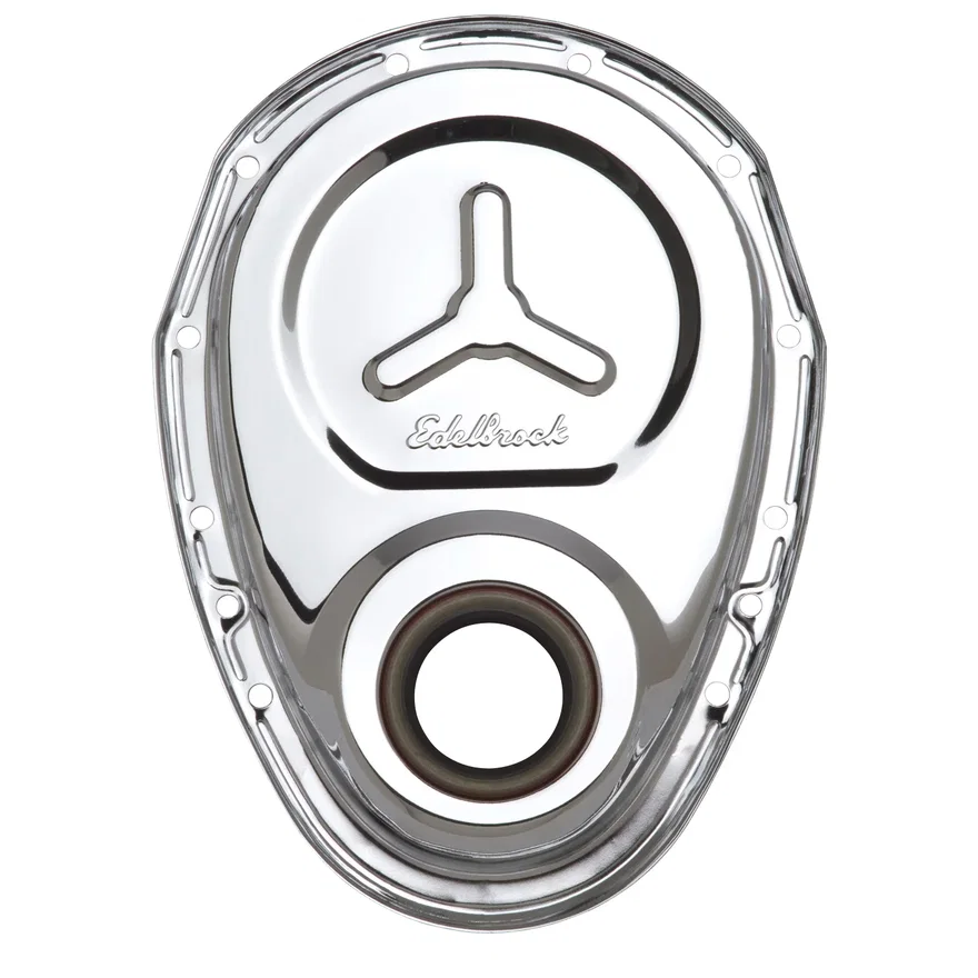 Timing Cover SBC Stamped Steel W/Welded Star & Logo Chrome