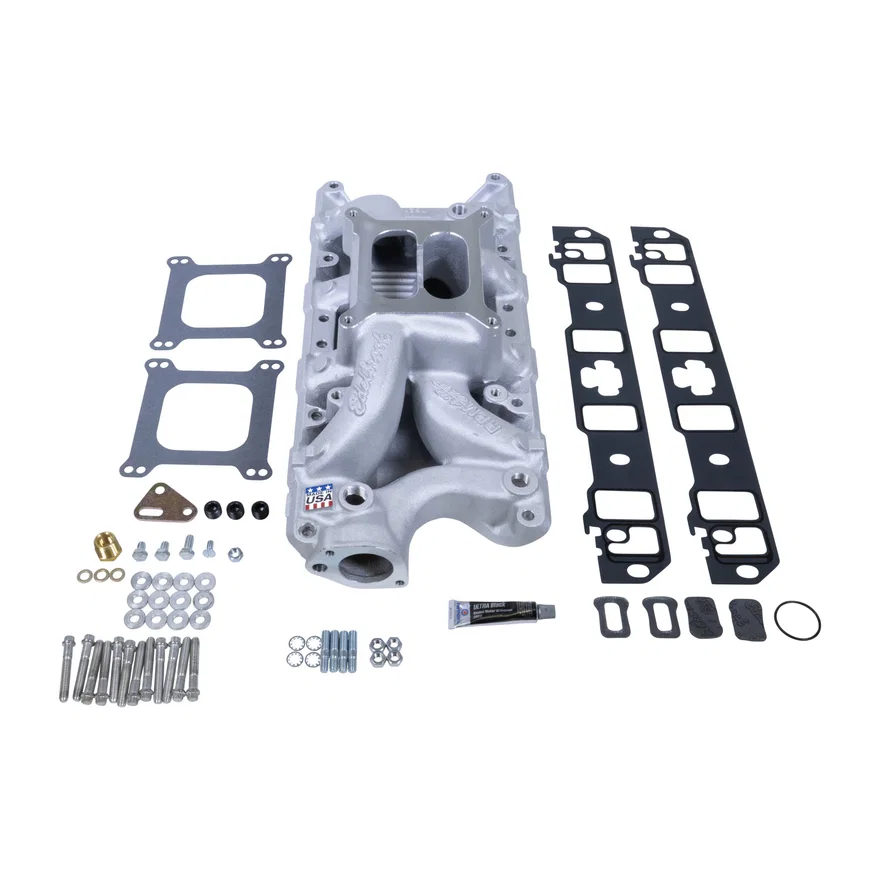 Manifold & Install Kit, SB Ford RPM Air-Gap 7521 w/Gaskets, Bolts, Studs, RTV