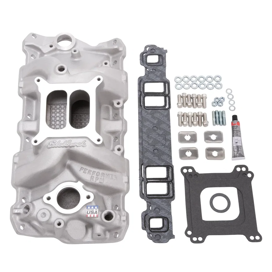 PN 7101 Chevrolet SB Performer RPM Manifold w/ Gaskets, Bolts, Studs, RTV