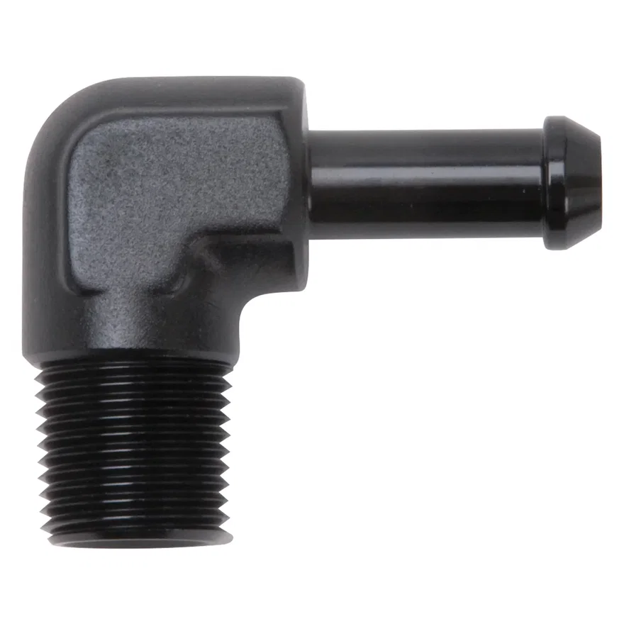 Heater Hose End Fitting - 90Â° with 3/8" NPT and 3/8" Barb