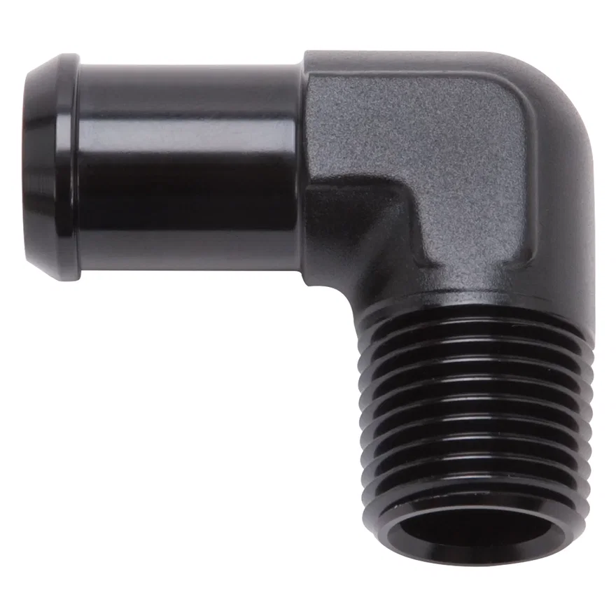 Heater Hose End Fitting - 90Â° with 1/2" NPT and 1/2" Barb