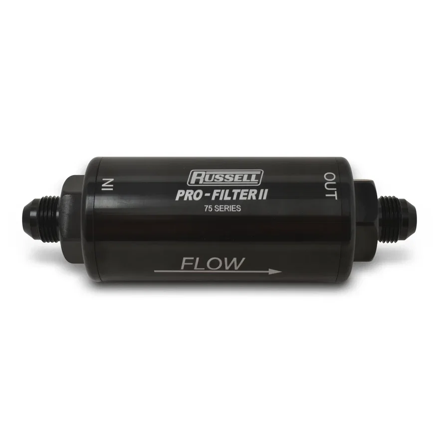 75 Series Pro-filter 2 8AN Male In/Out, 40 Micron Element With Black Finish