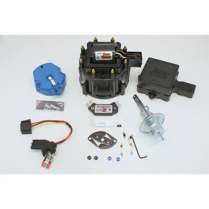 FLAME THROWER TUNE-UP KIT FEATURING IGNITOR III ELECTRONICS FOR BUICK, PONTIAC, OLDSMOBILE, AND CORVETTE HEI DISTRIBUTORS WITH RED/YELLOW COIL WIRE. STREET / STRIP MODULE, BLACK CAP