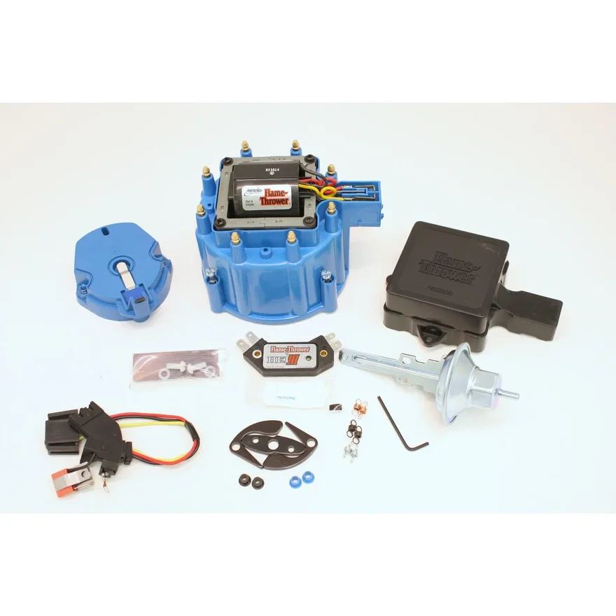 FLAME THROWER TUNE-UP KIT FEATURING IGNITOR III ELECTRONICS FOR CHEVY & CADILAC HEI DISTRIBUTORS WITH RED/YELLOW COIL WIRE. STREET / STRIP MODULE, BLUE CAP