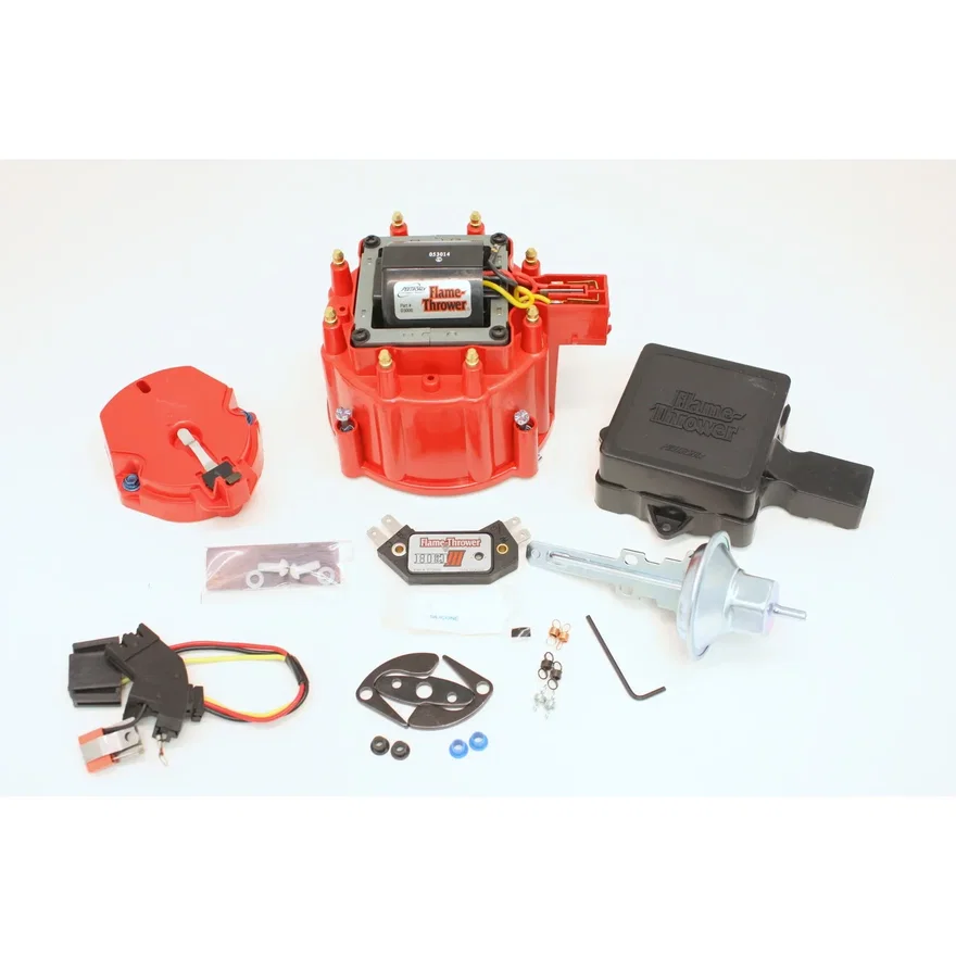 FLAME THROWER TUNE-UP KIT FEATURING IGNITOR III ELECTRONICS FOR CHEVY & CADILAC HEI DISTRIBUTORS WITH RED/YELLOW COIL WIRE. STREET / STRIP MODULE, RED CAP