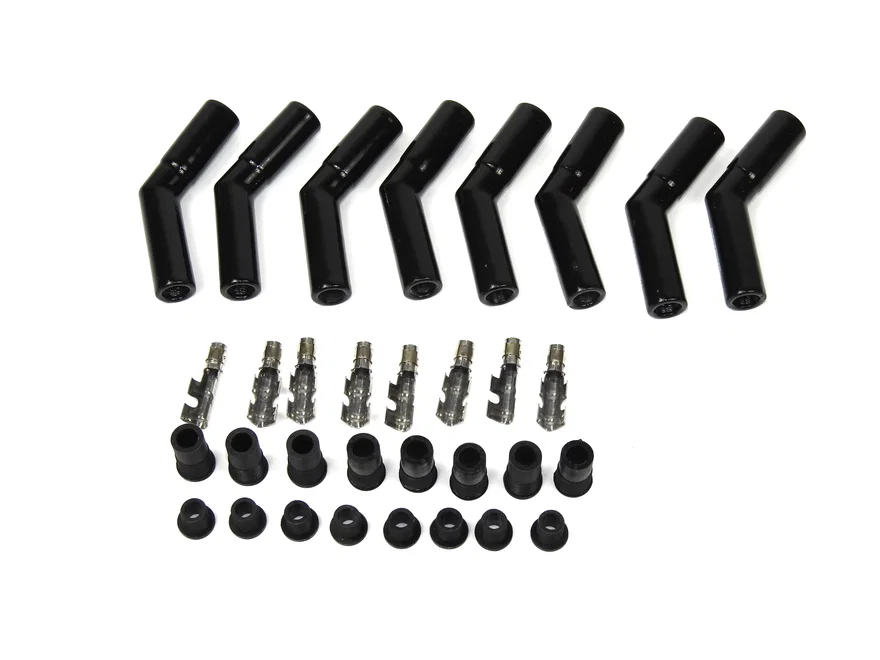 Black Ceramic Spark Plug 45 Degree Boot Set of 8 includes silicone plug and wire bushings, stainless steel spark plug terminals and high temp ceramic boots