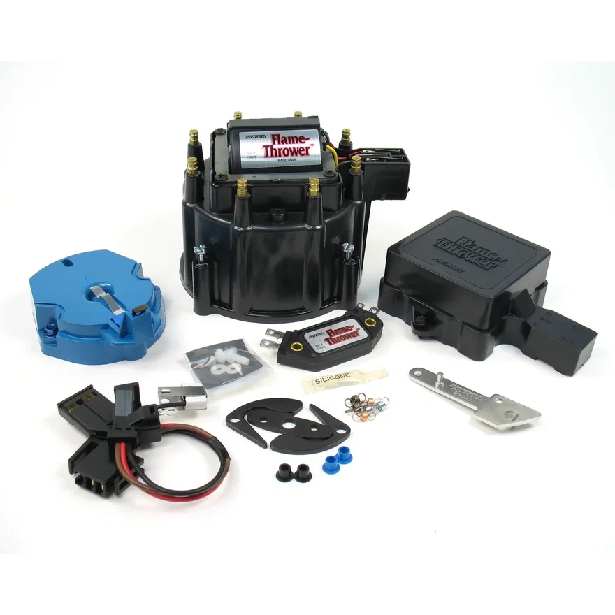 FLAME THROWER "RACE ONLY" TUNE-UP KIT FOR ALL FLAME-THROWER HEI DISTRIBUTORS (INCLUDING FORD). ALSO WORKS IN ALL GM FACTOTORY HEI DISTRIBUTORS. FEATURES "RACE ONLY" MODULE, BLACK CAP