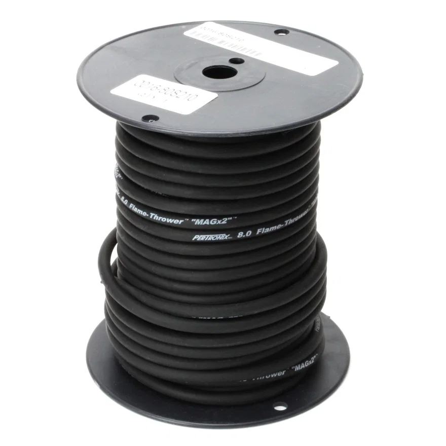 Flame-Thrower Spark Plug Wire 8mm Black with White Script 100 Foot Spool