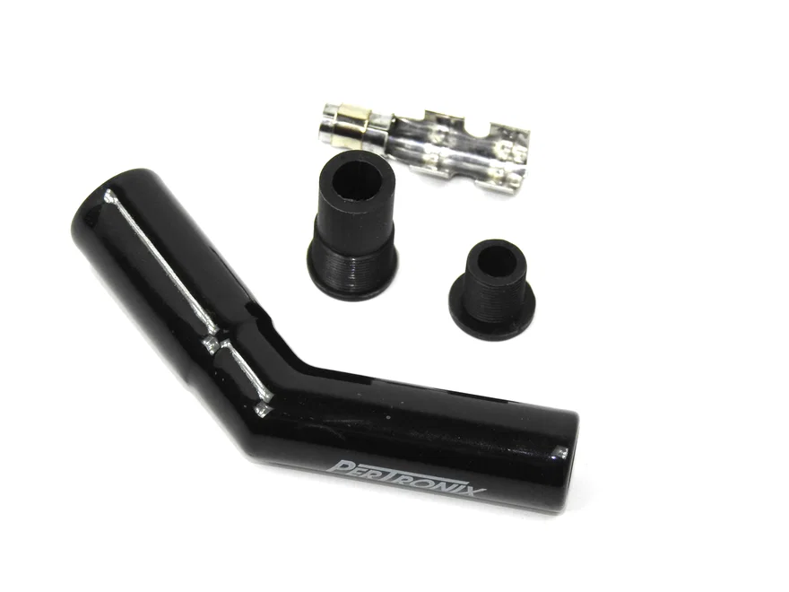 Black Ceramic Spark Plug Boot 45 Degree includes silicone plug and wire bushings, stainless steel spark plug terminals and high temp ceramic boot