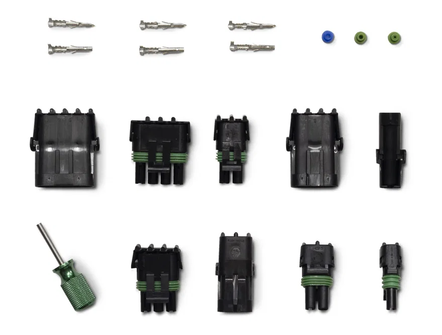Ignition Weather Pack connector kit 209 pcs. Contains 1,2,3,4, and 6 pole Receptacles; Pins and Seals for 24-10 AWG wire; and a weather pack terminal release tool