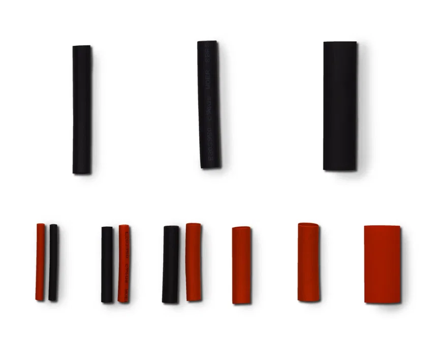 Ignition Dual Wall Heat Shrink Tube Kit 106 pcs. Contains, Red and Black sleeves tube sizes from 1/8" up to 1/2" in 3" Lengths. Made of Polyolefin, Waterproof, Shrink Ratio 3:1, Rated up to 600V, and Temp. rated at -49° to 257°F