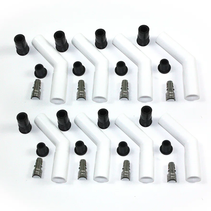 White Ceramic Spark Plug 45 Degree Boot Set of 8