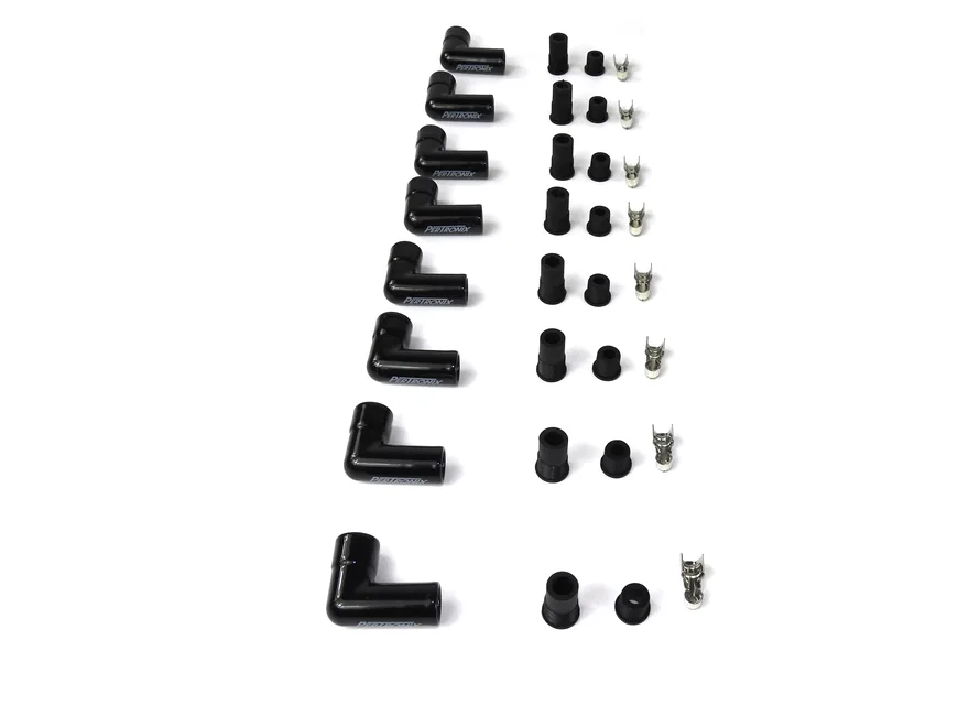 Black Ceramic Spark Plug Boot 90 Degree Set of 8 includes silicone plug and wire bushings, stainless steel spark plug terminals and high temp ceramic boots