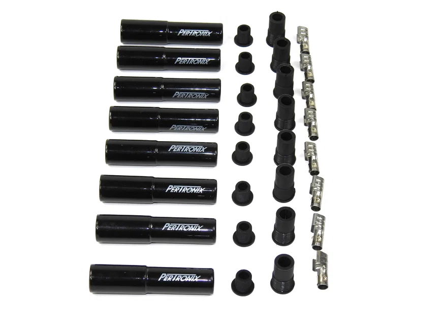 Black Ceramic Spark Plug Boot Straight Set of 8 includes silicone plug and wire bushings, stainless steel spark plug terminals and high temp ceramic boots