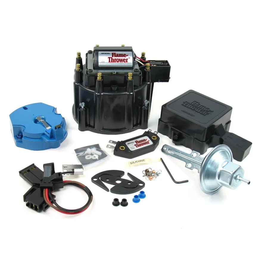 FLAME THROWER TUNE-UP KIT FOR BUICK, PONTIAC, OLDSMOBILE, AND CORVETTE HEI DISTRIBUTORS WITH RED/YELLOW COIL WIRE. STREET / STRIP MODULE, BLACK CAP