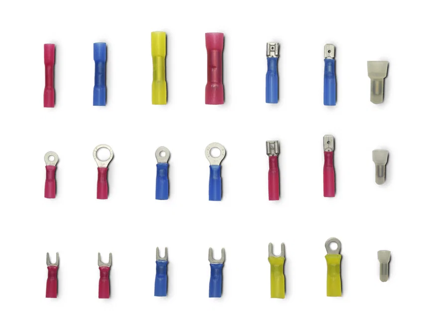 Ignition Heat shrink Terminal kit  (165pcs). Contains Ring and Spade terminals; Butt connectors; Female and Male disconnects;Closed end connectors for 22-10 AWG wire(Red,Blue,Yellow).3:1 shrinkage ratio;