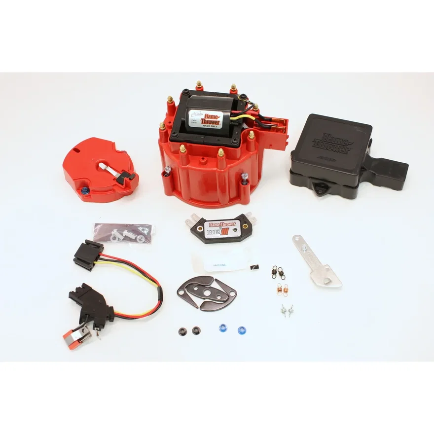 FLAME THROWER "RACE ONLY" TUNE-UP KIT FEATURING IGNITOR III ELECTRONICS FOR ALL FLAME-THROWER HEI DISTRIBUTORS (INCLUDING FORD). ALSO WORKS IN ALL GM FACTOTORY HEI DISTRIBUTORS FEATURES "RACE ONLY" MODULE, RED CAP