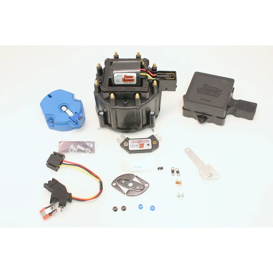 FLAME THROWER "RACE ONLY" TUNE-UP KIT FEATURING IGNITOR III ELECTRONICS FOR ALL FLAME-THROWER HEI DISTRIBUTORS (INCLUDING FORD). ALSO WORKS IN ALL GM FACTOTORY HEI DISTRIBUTORS. FEATURES "RACE ONLY" MODULE, BLACK CAP